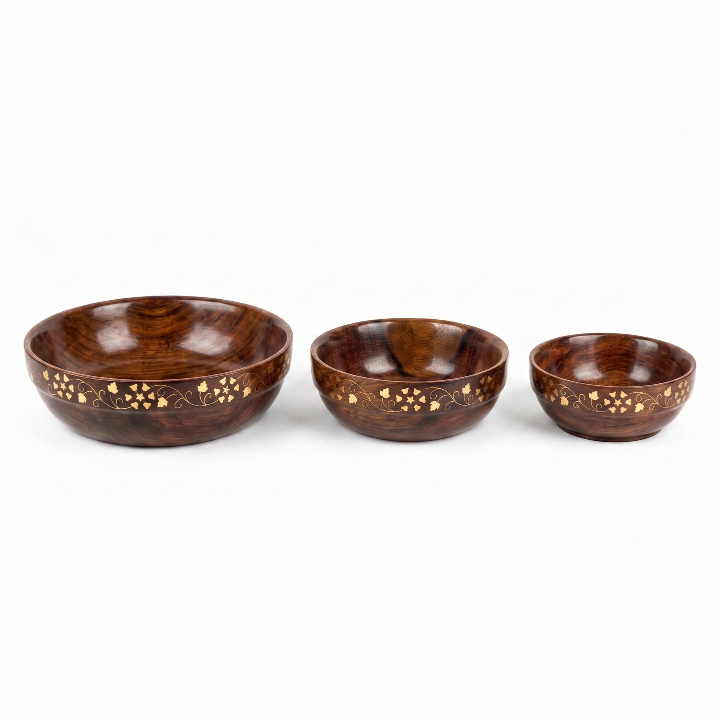3 Piece Wooden Bowl Set with Golden Floral Design, Handmade Nested Serving Bowls, Solid Wood Salad Bowl, Snack Bowl & Dry Fruit Bowl Set for Kitchen, Dining Table & Home Décor