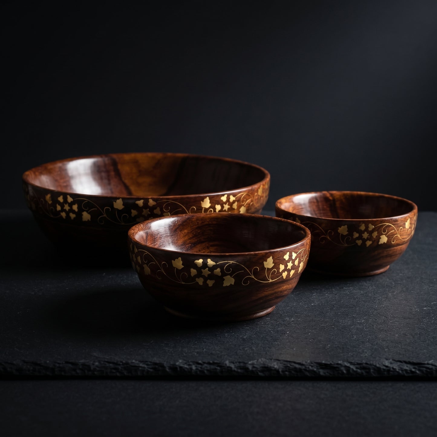3 Piece Wooden Bowl Set with Golden Floral Design, Handmade Nested Serving Bowls, Solid Wood Salad Bowl, Snack Bowl & Dry Fruit Bowl Set for Kitchen, Dining Table & Home Décor