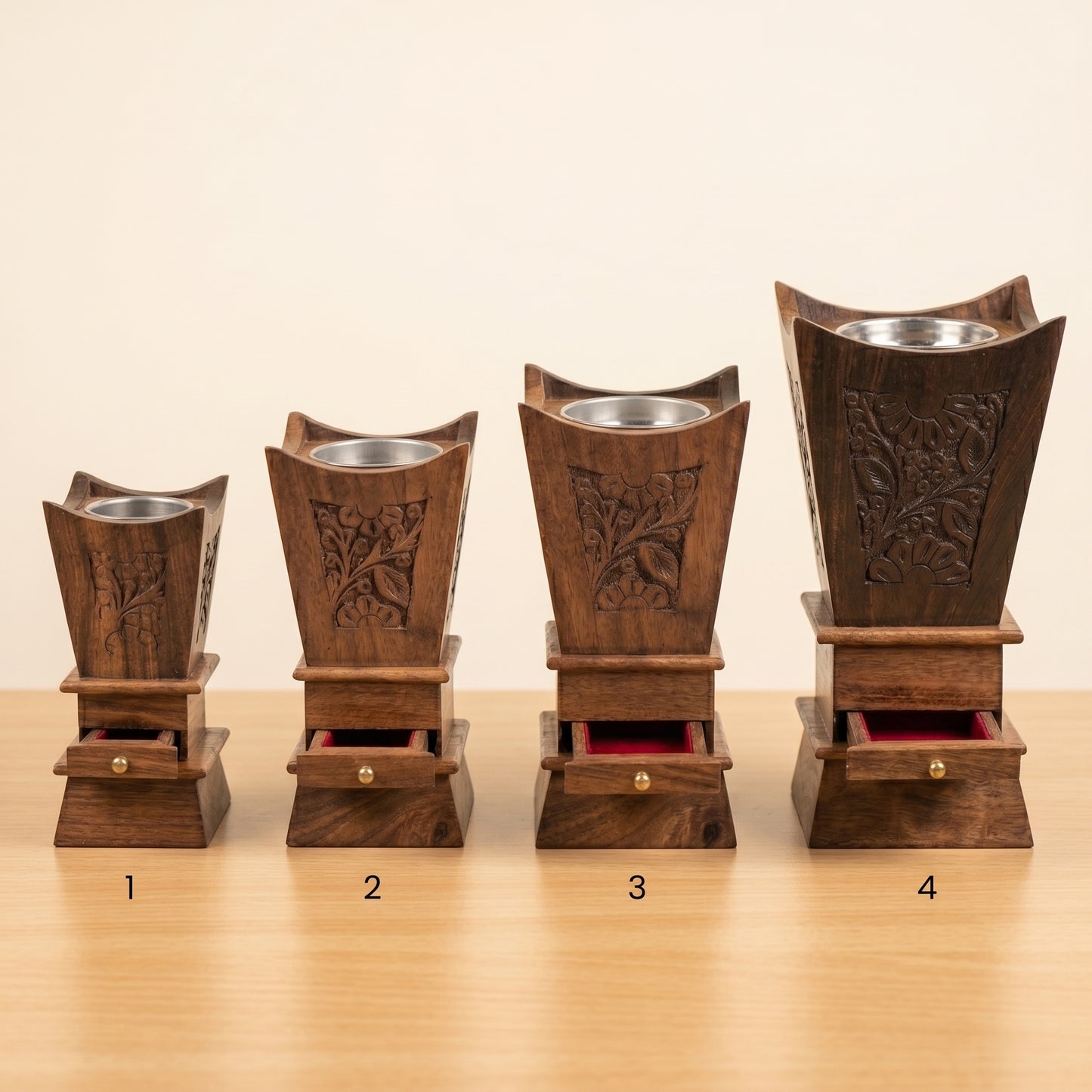 Luxury Handcrafted Sheesham Wood Bakhoor Burner Set – Decorative Incense Holders with Storage Drawer (Set of 4)
