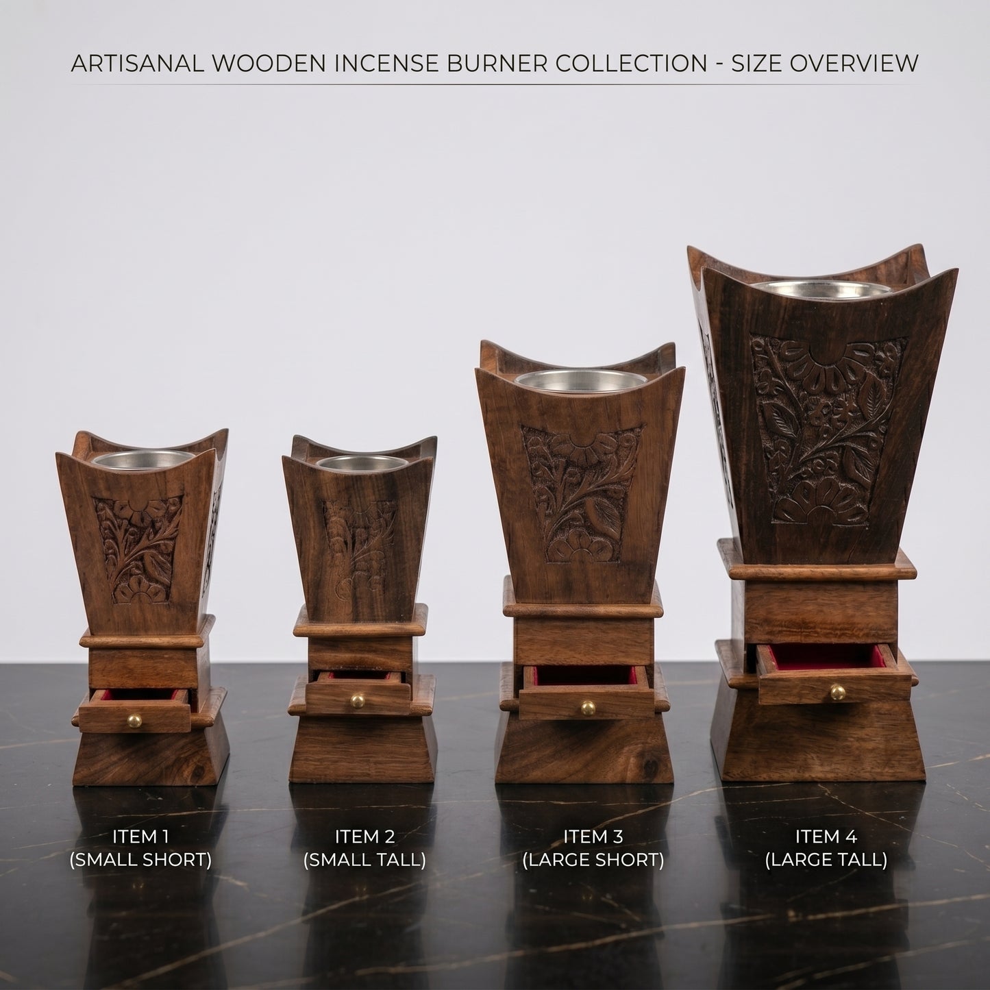 Luxury Handcrafted Sheesham Wood Bakhoor Burner Set – Decorative Incense Holders with Storage Drawer (Set of 4)
