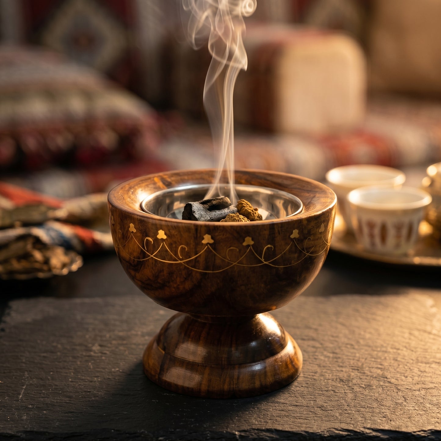 Luxury Handcrafted Wooden Mabkhara – Walnut Style Bakhoor Burner with Brass Inlay & Stainless Steel Bowl