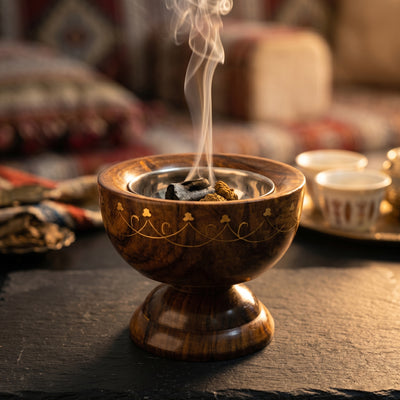 Luxury Handcrafted Wooden Mabkhara – Walnut Style Bakhoor Burner with Brass Inlay & Stainless Steel Bowl