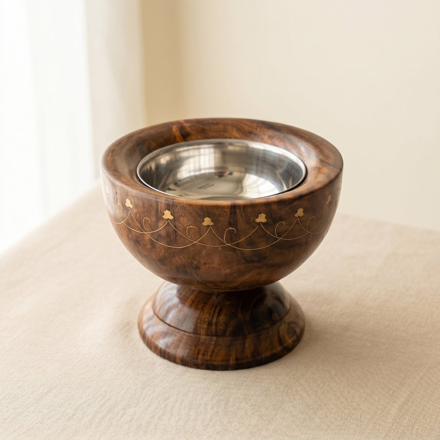 Luxury Handcrafted Wooden Mabkhara – Walnut Style Bakhoor Burner with Brass Inlay & Stainless Steel Bowl