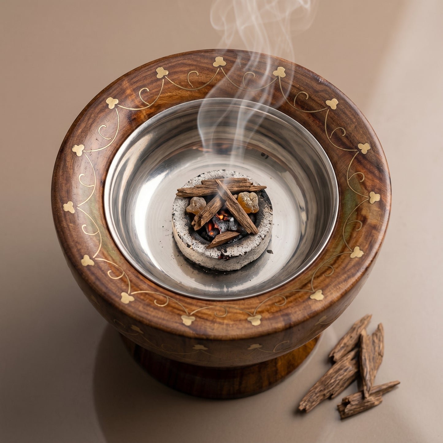 Luxury Handcrafted Wooden Mabkhara – Walnut Style Bakhoor Burner with Brass Inlay & Stainless Steel Bowl