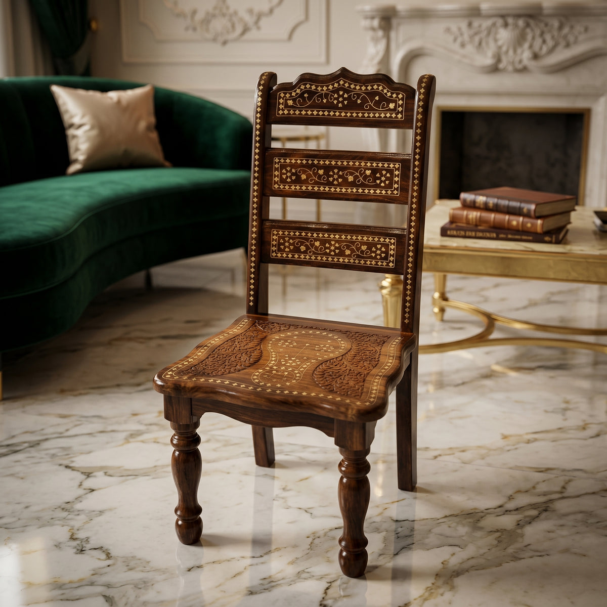 Handcrafted Sheesham Wooden Chair with Traditional Brass Inlay & Intricate Carved Design – Pakistani Chinioti Style