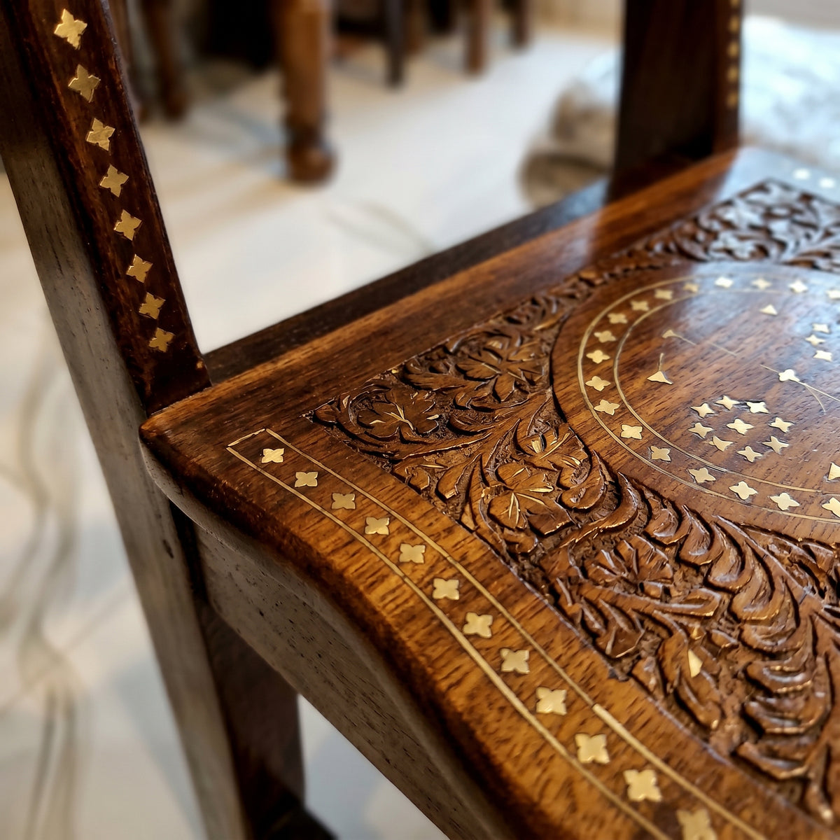 Handcrafted Sheesham Wooden Chair with Traditional Brass Inlay & Intricate Carved Design – Pakistani Chinioti Style