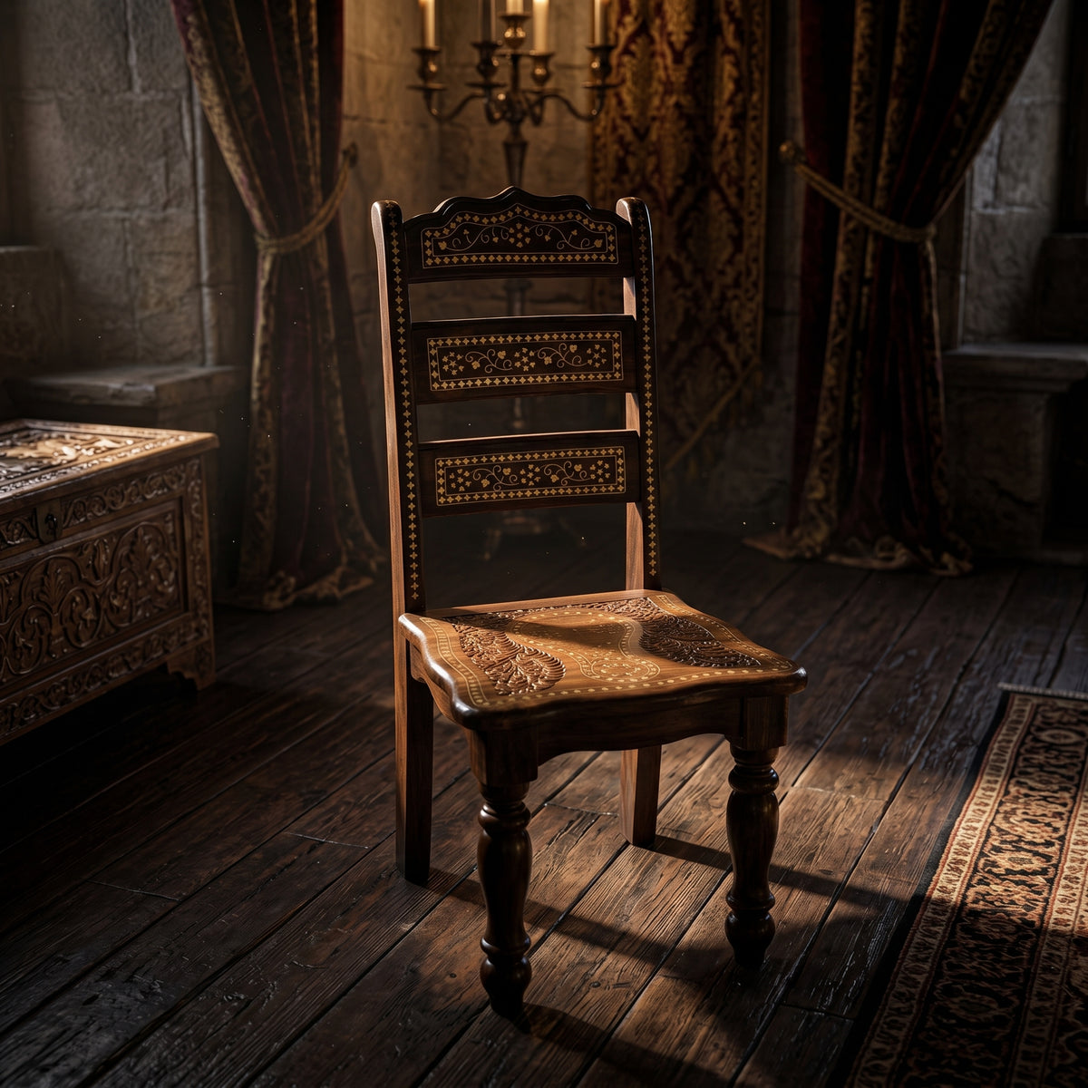 Handcrafted Sheesham Wooden Chair with Traditional Brass Inlay & Intricate Carved Design – Pakistani Chinioti Style
