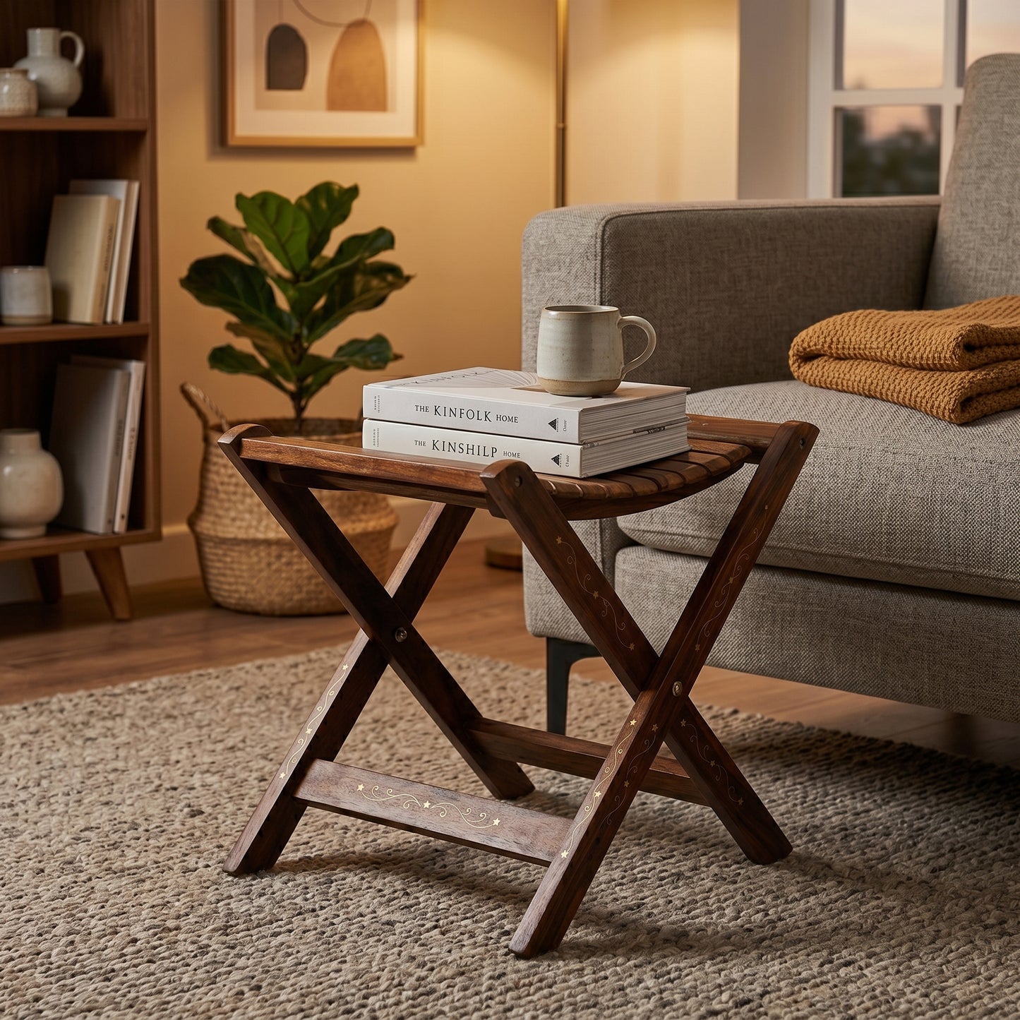 Handcrafted Sheesham Wood Folding Side Table – Premium Portable Accent Table for Indoor & Outdoor Use, Living Room, Patio, Balcony & Small Spaces – Rustic Walnut Finish