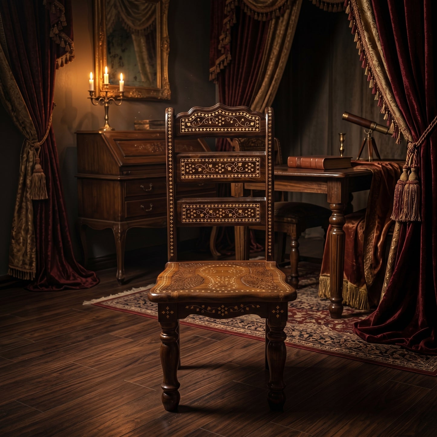 Handcrafted Sheesham Wooden Chair with Traditional Brass Inlay & Intricate Carved Design – Pakistani Chinioti Style