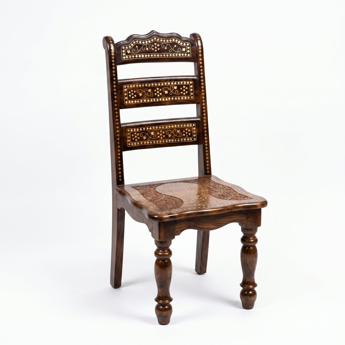 Handcrafted Sheesham Wooden Chair with Traditional Brass Inlay & Intricate Carved Design – Pakistani Chinioti Style