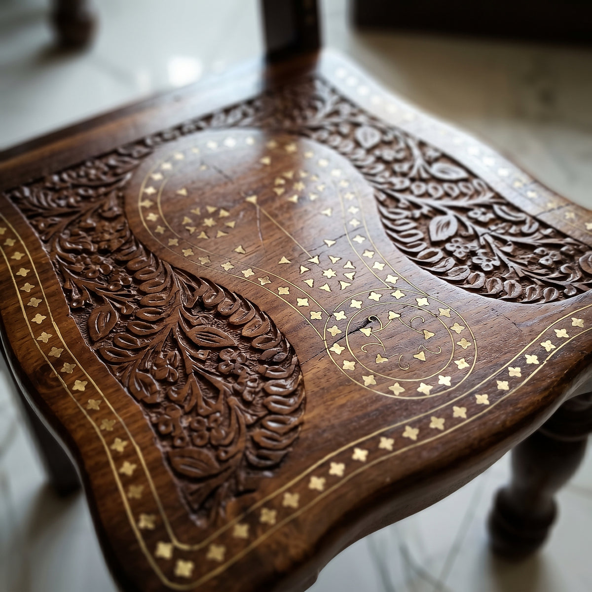 Handcrafted Sheesham Wooden Chair with Traditional Brass Inlay & Intricate Carved Design – Pakistani Chinioti Style
