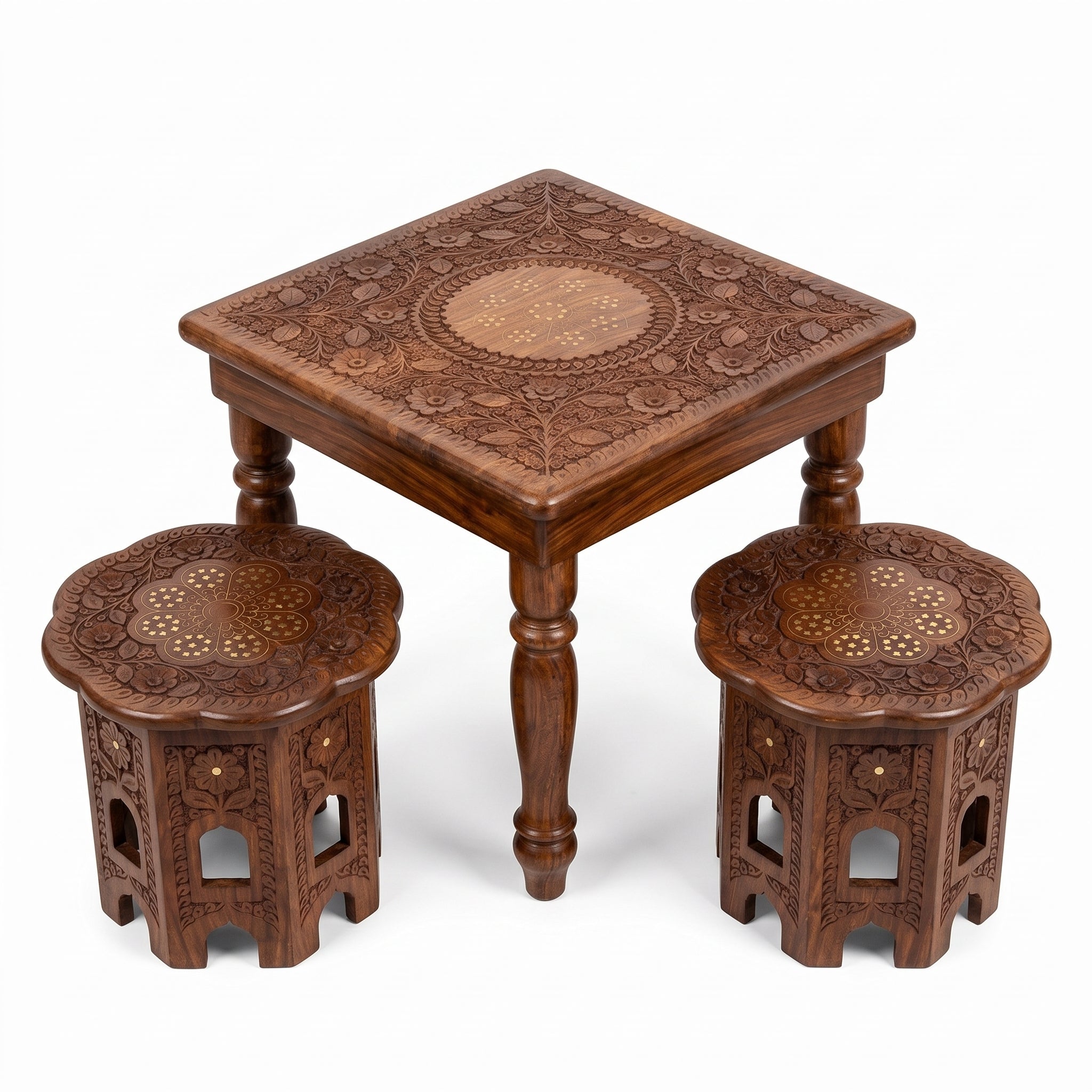 Premium Hand Carved Wooden Tea Table Set with 2 Stools