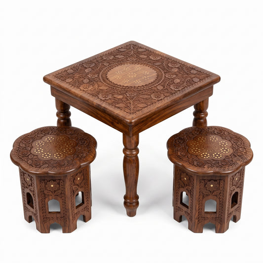 Premium Hand Carved Wooden Tea Table Set with 2 Stools