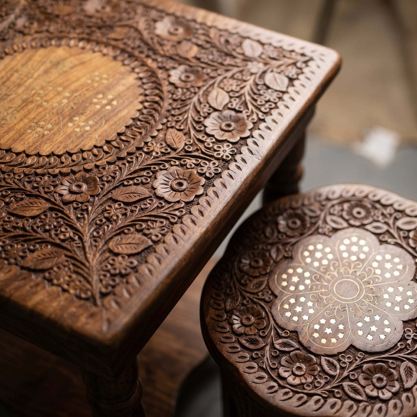 Premium Hand Carved Wooden Tea Table Set with 2 Stools