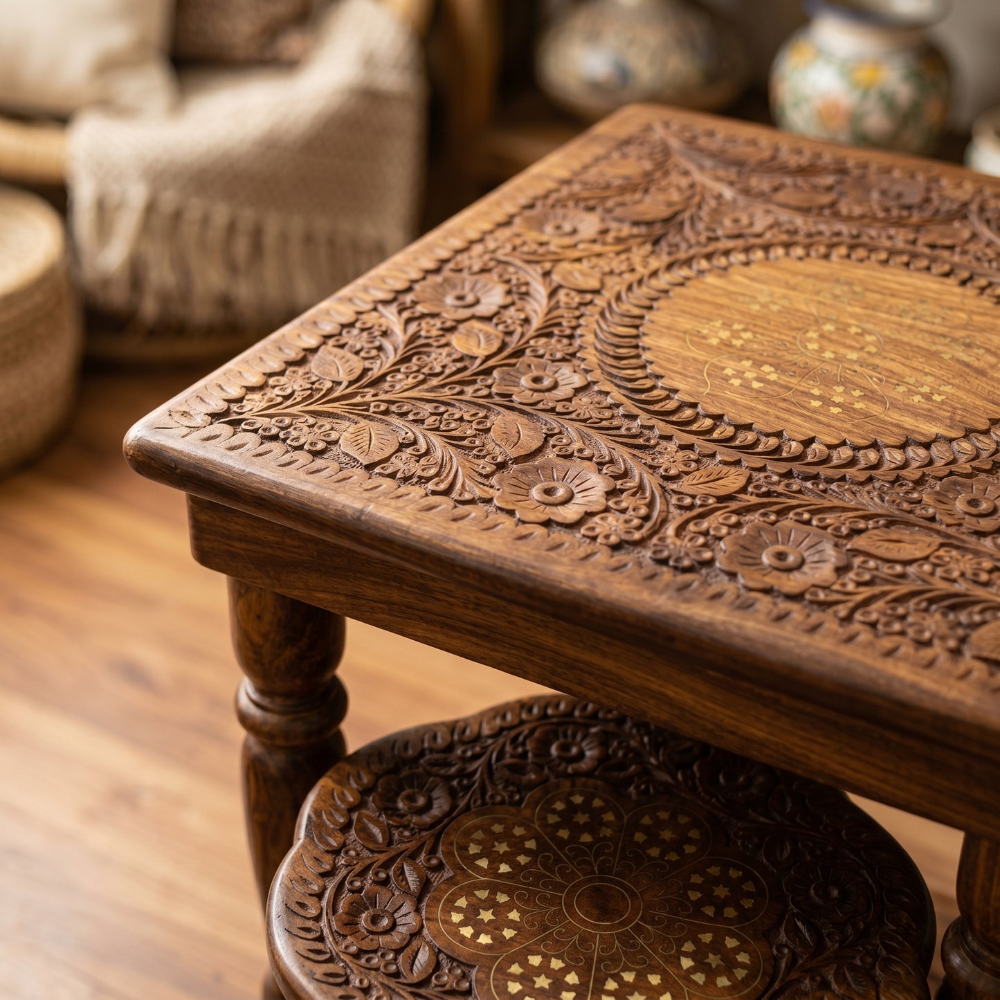 Premium Hand Carved Wooden Tea Table Set with 2 Stools