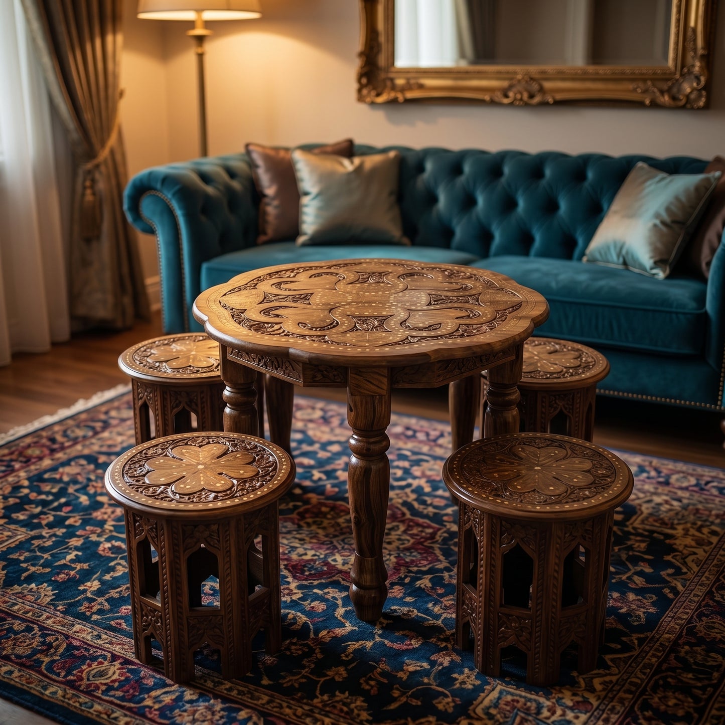 Premium Round Wooden Table Set with 4 Stools