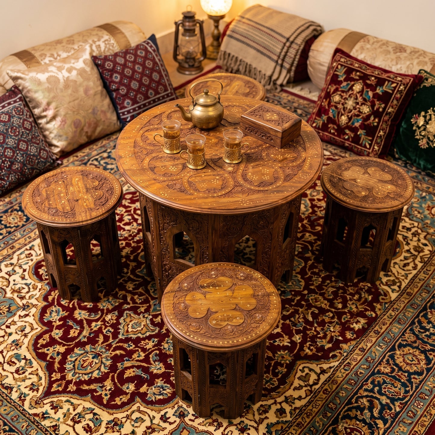 Premium Round Wooden Table Set with 4 Stools