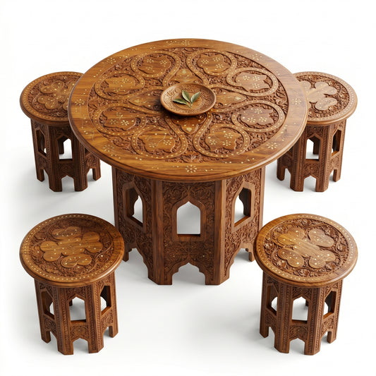 Premium Round Wooden Table Set with 4 Stools