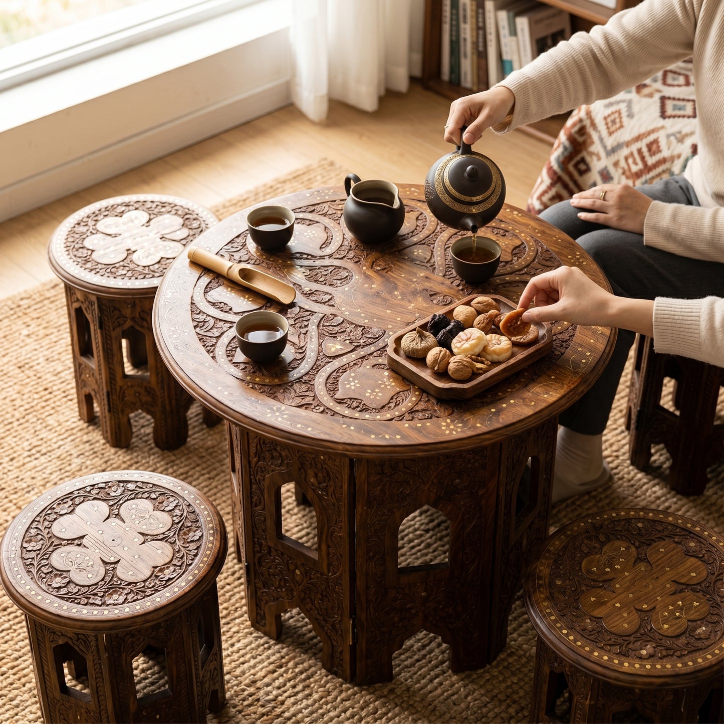 Premium Round Wooden Table Set with 4 Stools