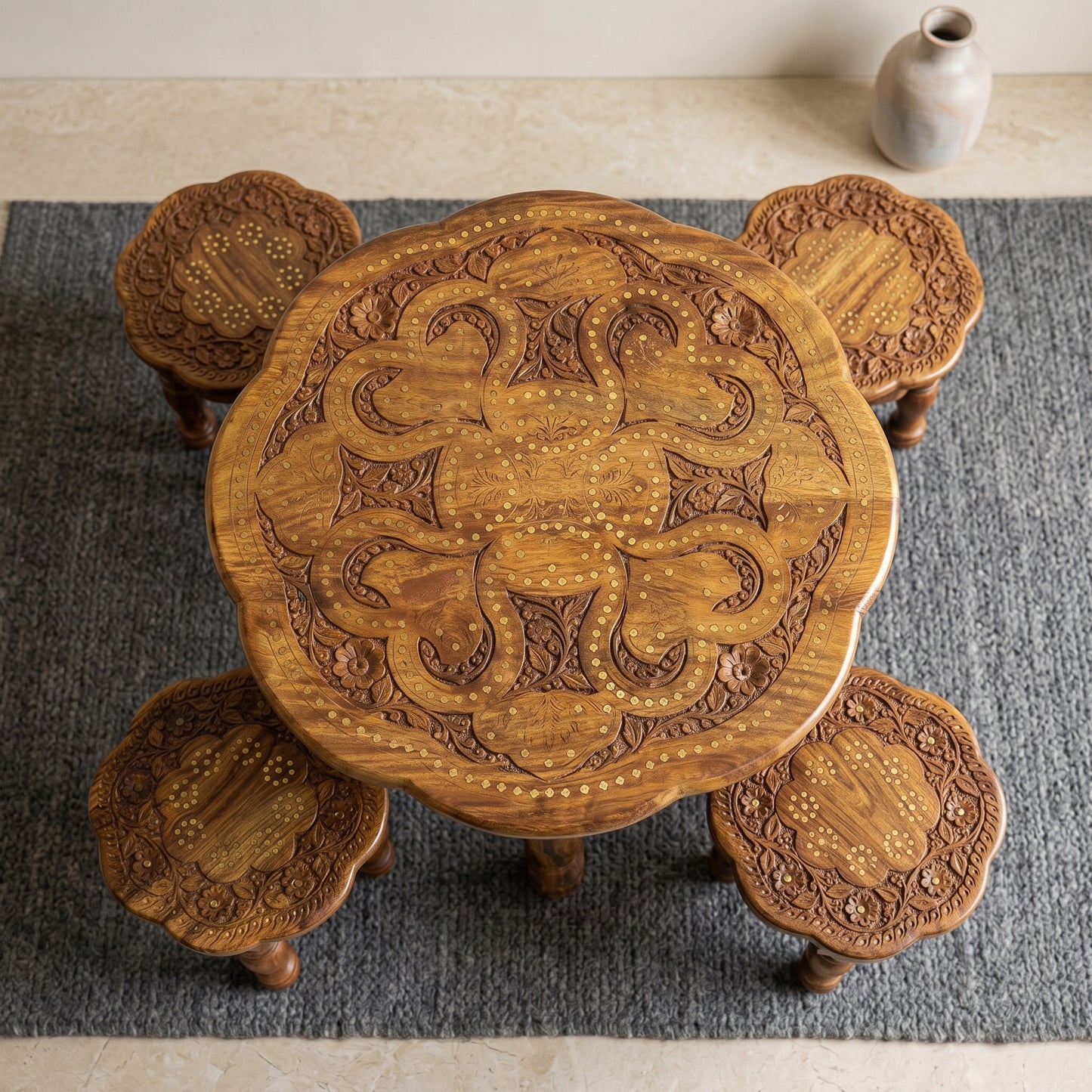 Premium Round Wooden Table Set with 4 Stools