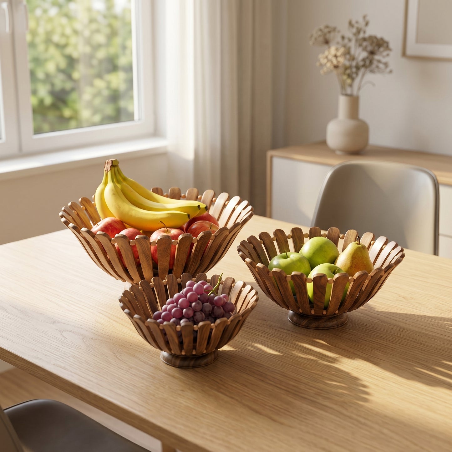 Luxury Handcrafted Wooden Fruit Basket Set – Decorative Serving Bowls (3 Pieces)