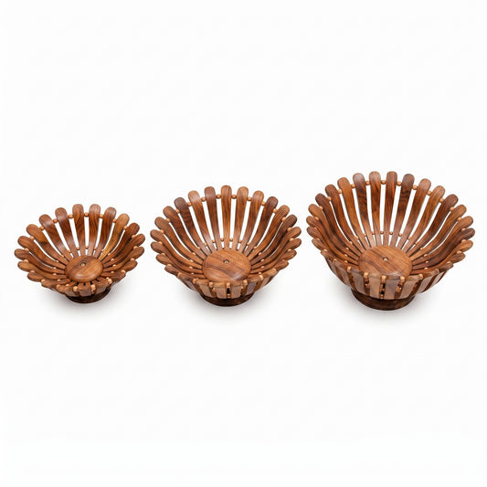 Luxury Handcrafted Wooden Fruit Basket Set – Decorative Serving Bowls (3 Pieces)