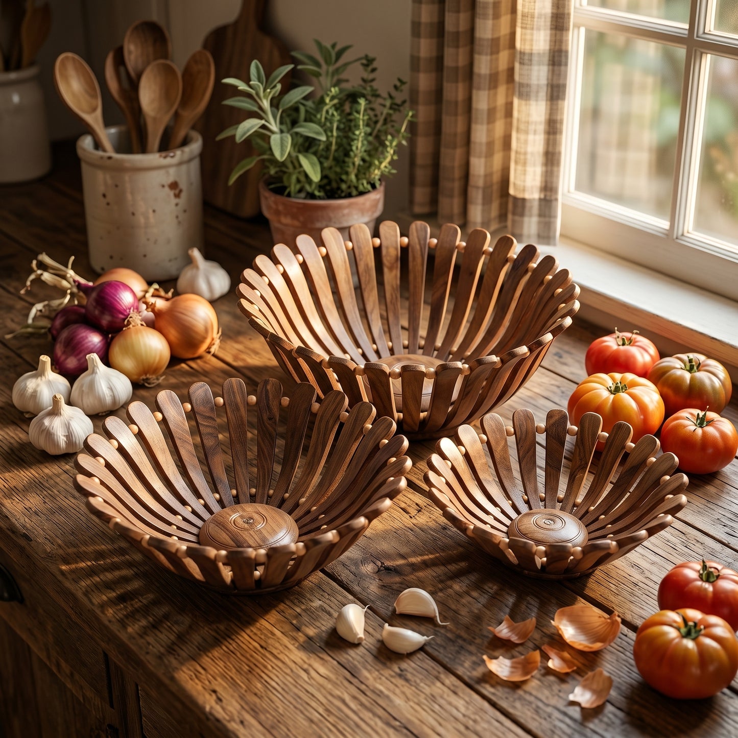 Luxury Handcrafted Wooden Fruit Basket Set – Decorative Serving Bowls (3 Pieces)