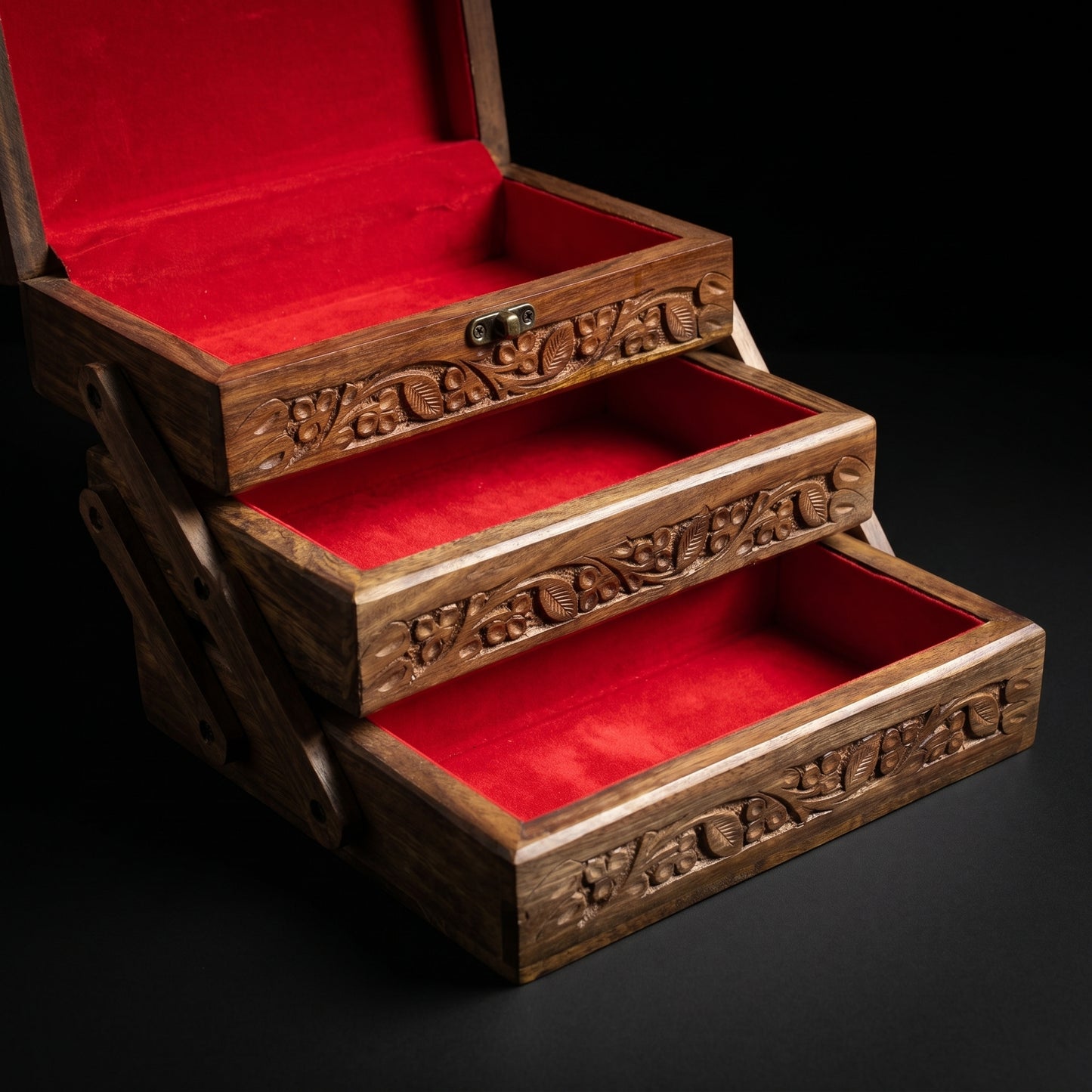 Handcrafted Sheesham Wood Jewelry Box Organizer – 3 Tier Wooden Storage Case with Velvet Interior & Carved Floral Design