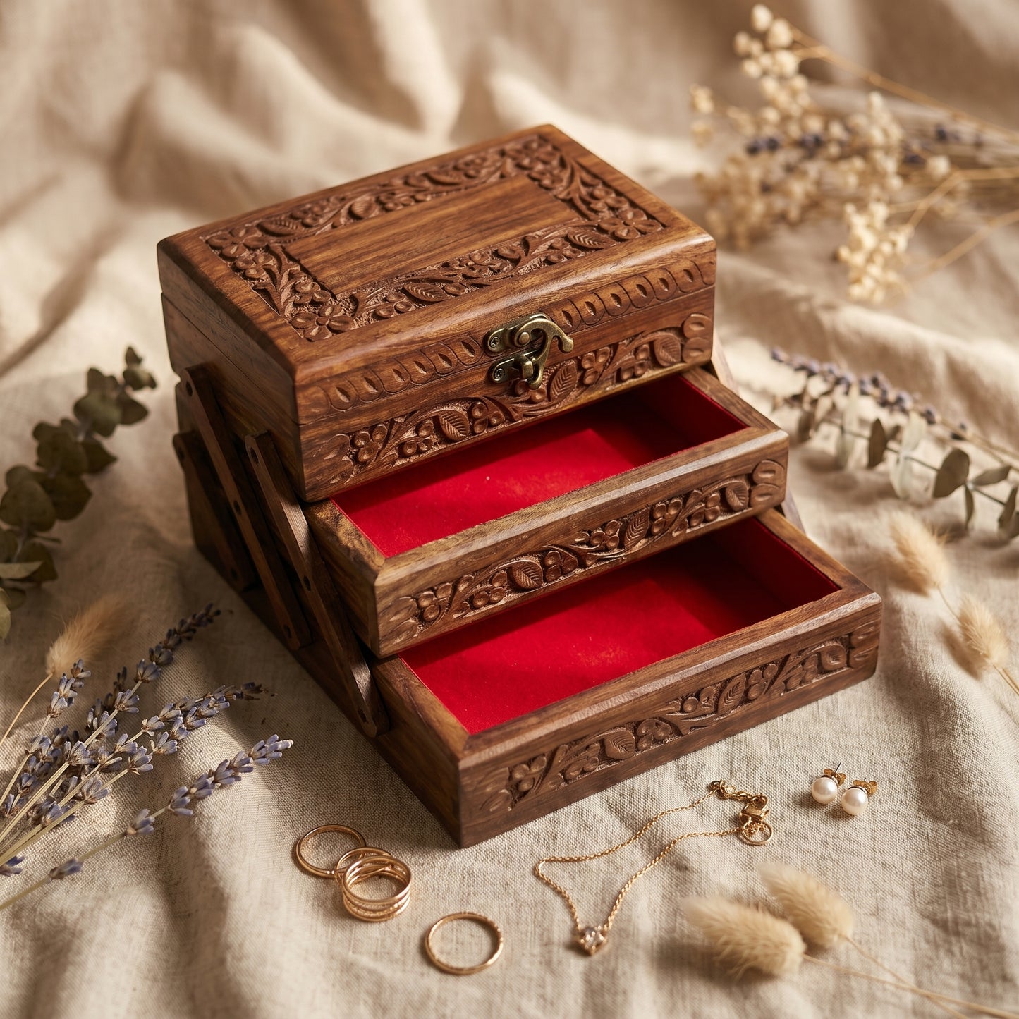 Handcrafted Sheesham Wood Jewelry Box Organizer – 3 Tier Wooden Storage Case with Velvet Interior & Carved Floral Design