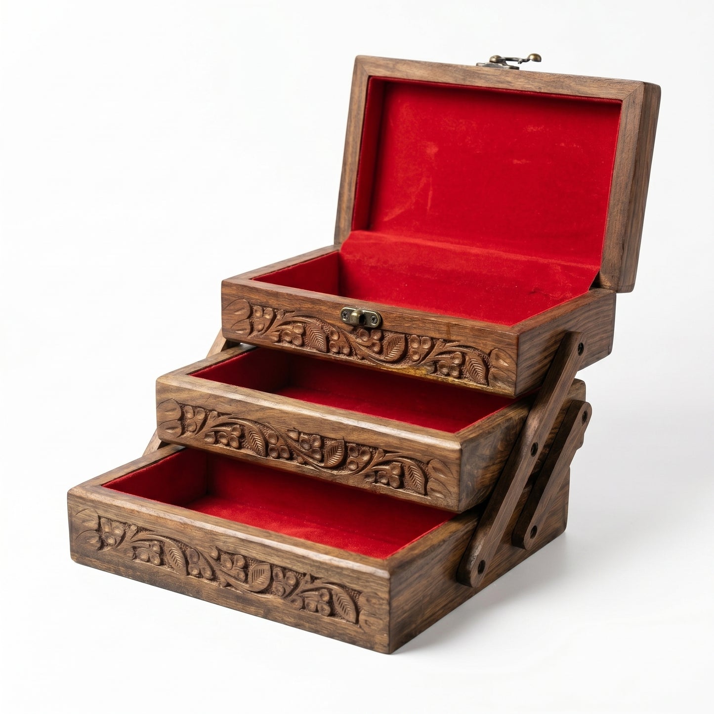 Handcrafted Sheesham Wood Jewelry Box Organizer – 3 Tier Wooden Storage Case with Velvet Interior & Carved Floral Design