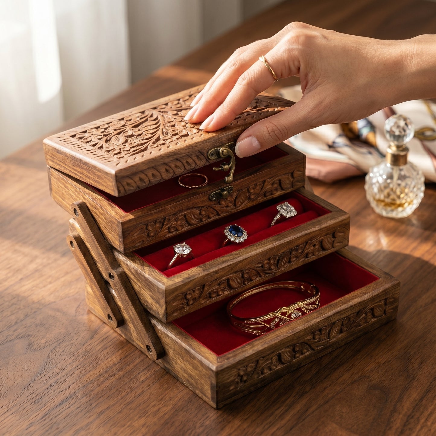 Handcrafted Sheesham Wood Jewelry Box Organizer – 3 Tier Wooden Storage Case with Velvet Interior & Carved Floral Design