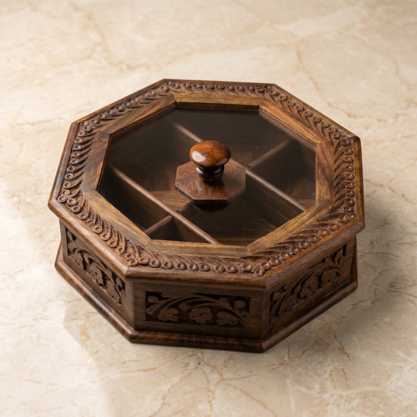 Premium Handcrafted Wooden Spice Box with Glass Lid – 6 Compartments