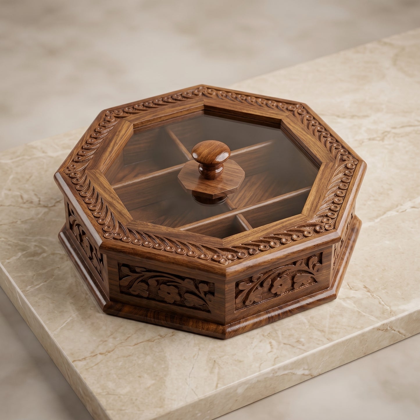 Premium Handcrafted Wooden Spice Box with Glass Lid – 6 Compartments