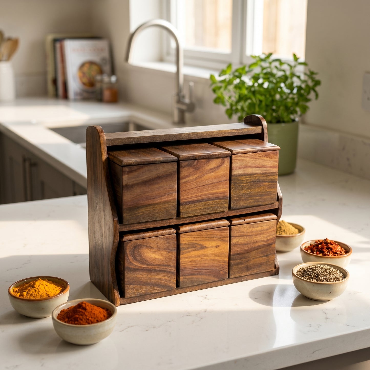 Luxury Handcrafted Wooden Spice Box Rack – 6 Jar Masala Organizer Set