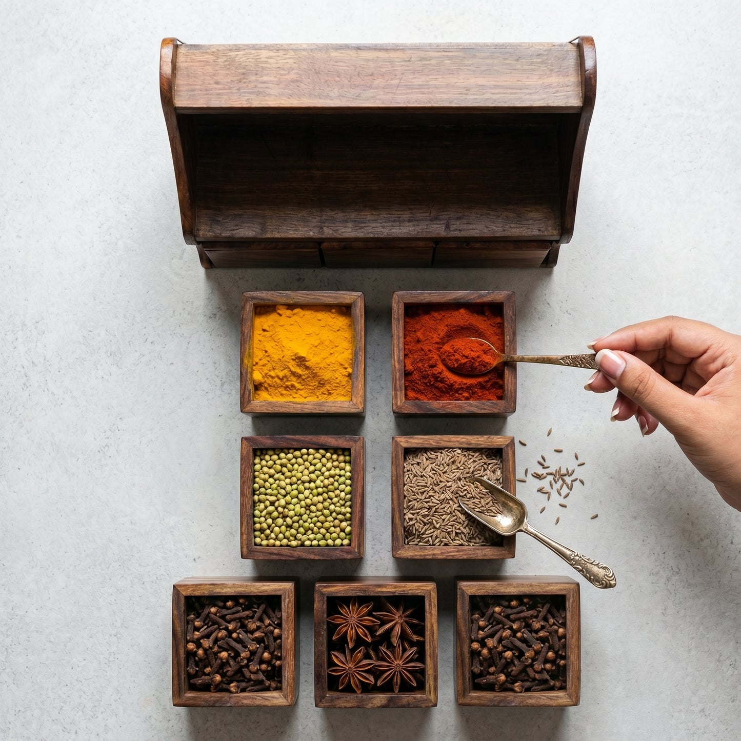 Luxury Handcrafted Wooden Spice Box Rack – 6 Jar Masala Organizer Set