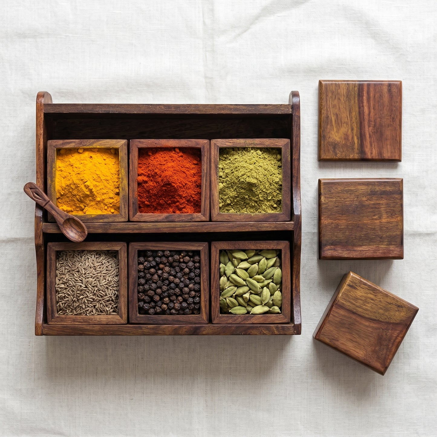 Luxury Handcrafted Wooden Spice Box Rack – 6 Jar Masala Organizer Set