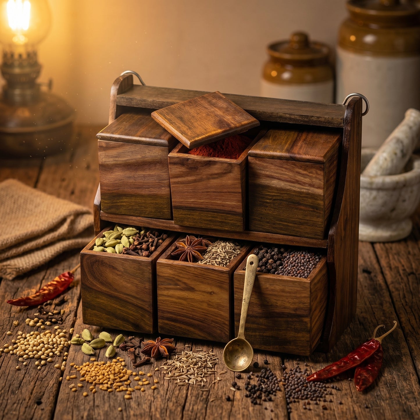 Luxury Handcrafted Wooden Spice Box Rack – 6 Jar Masala Organizer Set