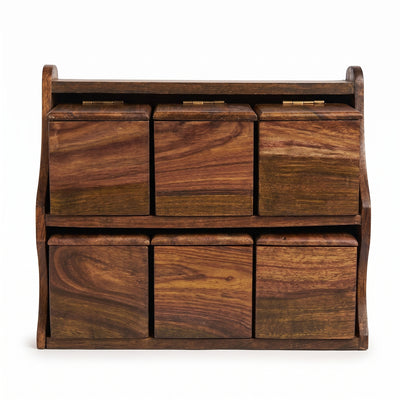 Luxury Handcrafted Wooden Spice Box Rack – 6 Jar Masala Organizer Set