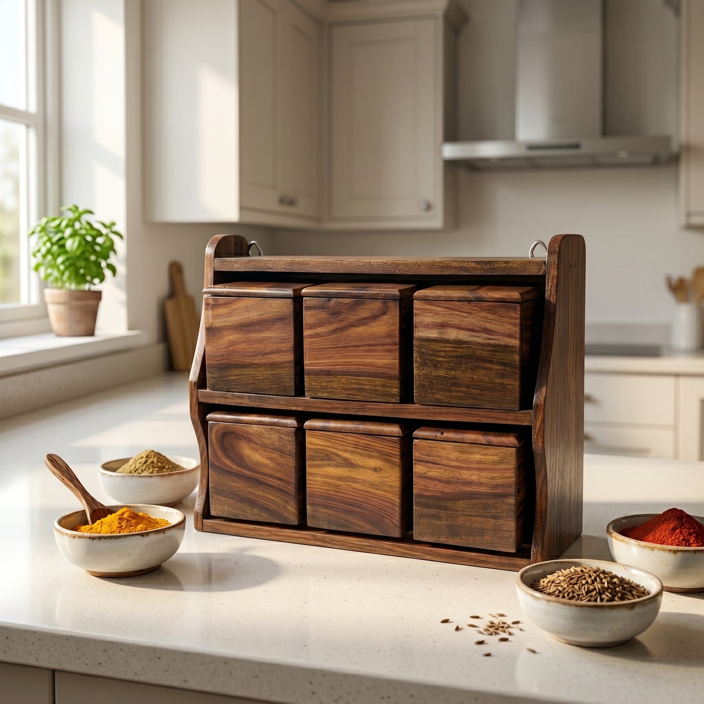 Luxury Handcrafted Wooden Spice Box Rack – 6 Jar Masala Organizer Set