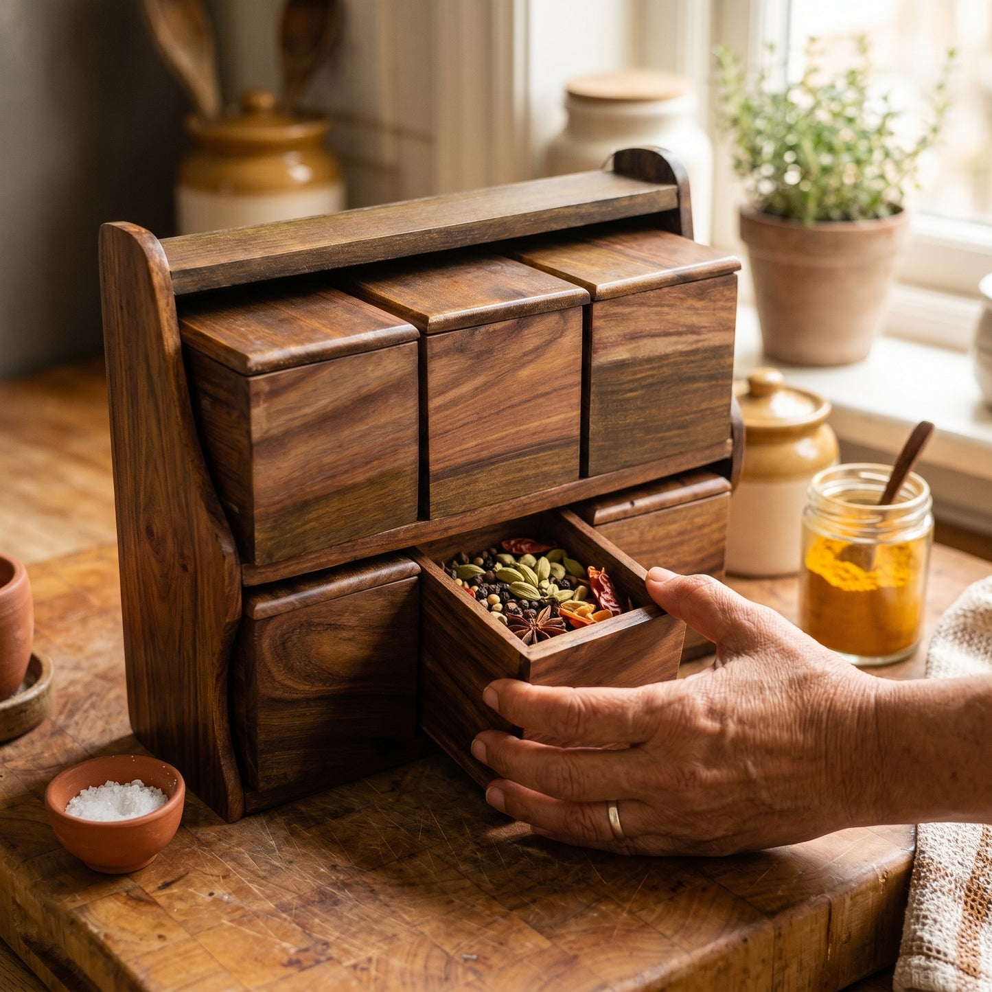 Luxury Handcrafted Wooden Spice Box Rack – 6 Jar Masala Organizer Set