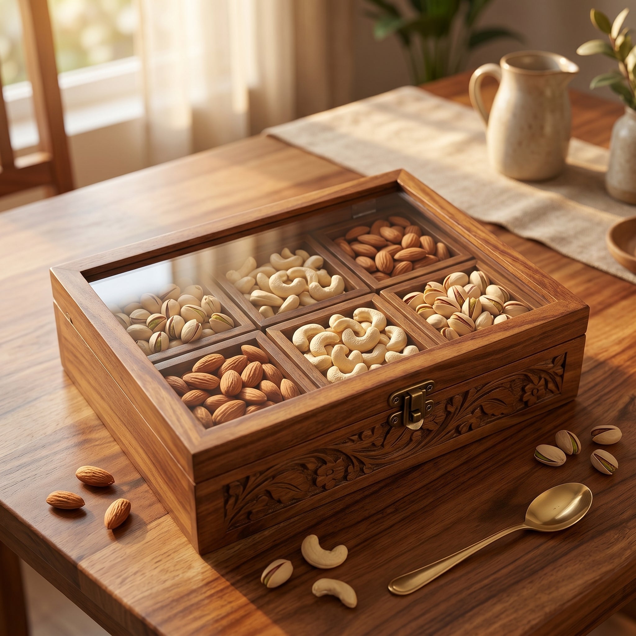 Handcrafted Wooden Dry Fruit Storage Box with Glass Lid – 6 Compartments