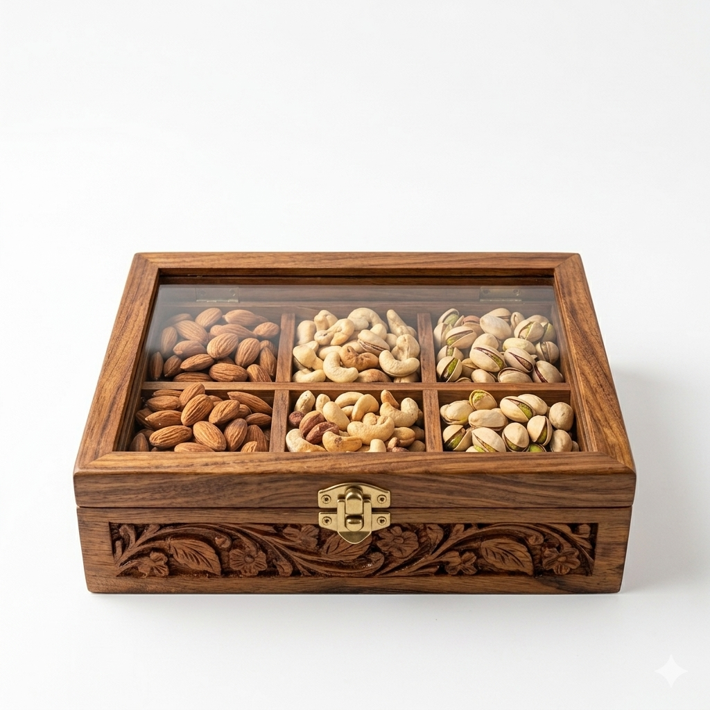 Handcrafted Wooden Dry Fruit Storage Box with Glass Lid – 6 Compartments