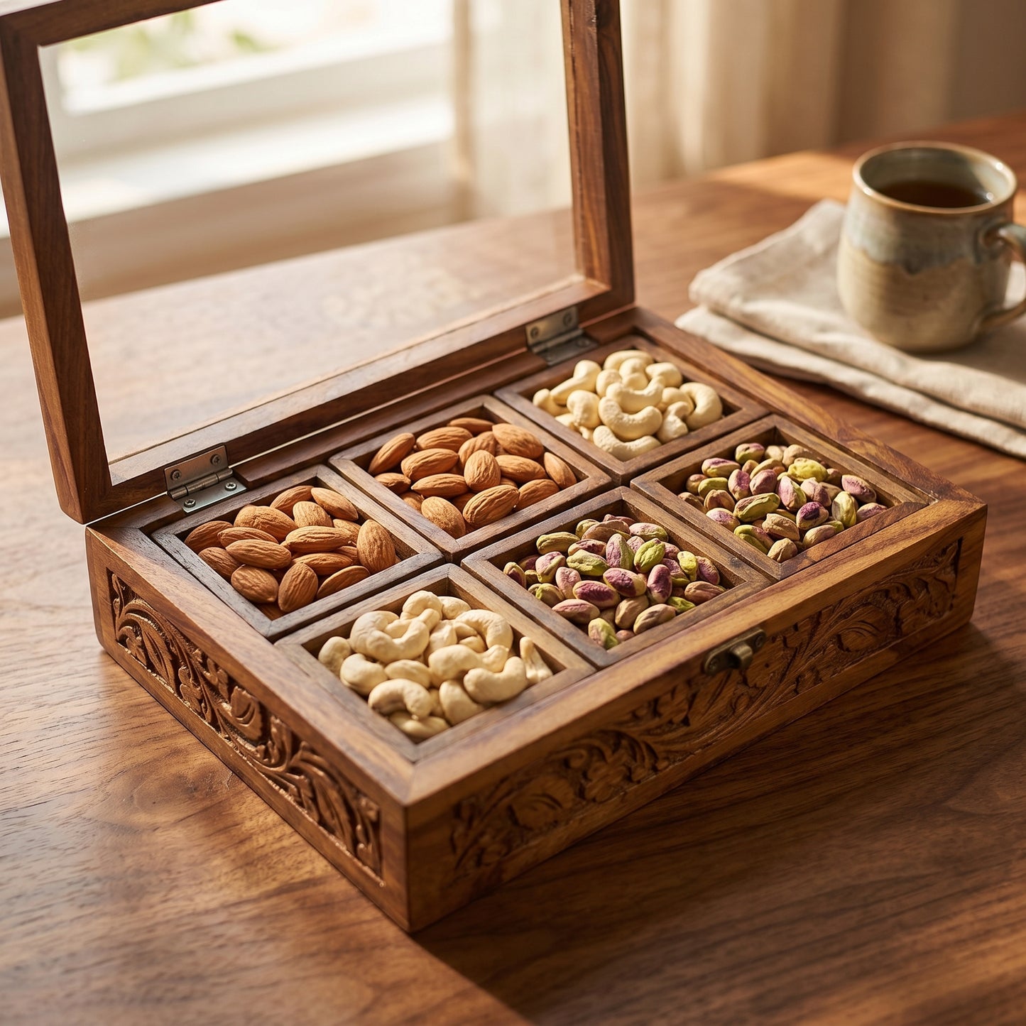 Handcrafted Wooden Dry Fruit Storage Box with Glass Lid – 6 Compartments