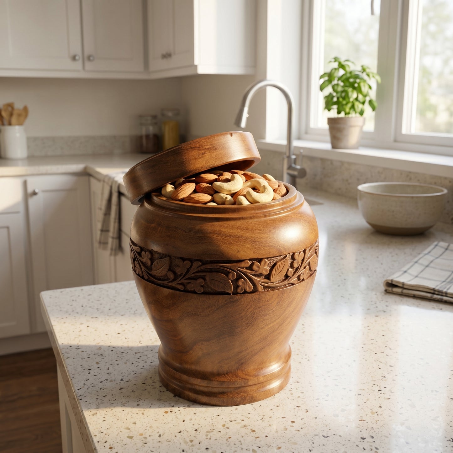 Handcrafted Wooden Multipurpose Storage Jar – Luxury Carved Sheesham Wood Container