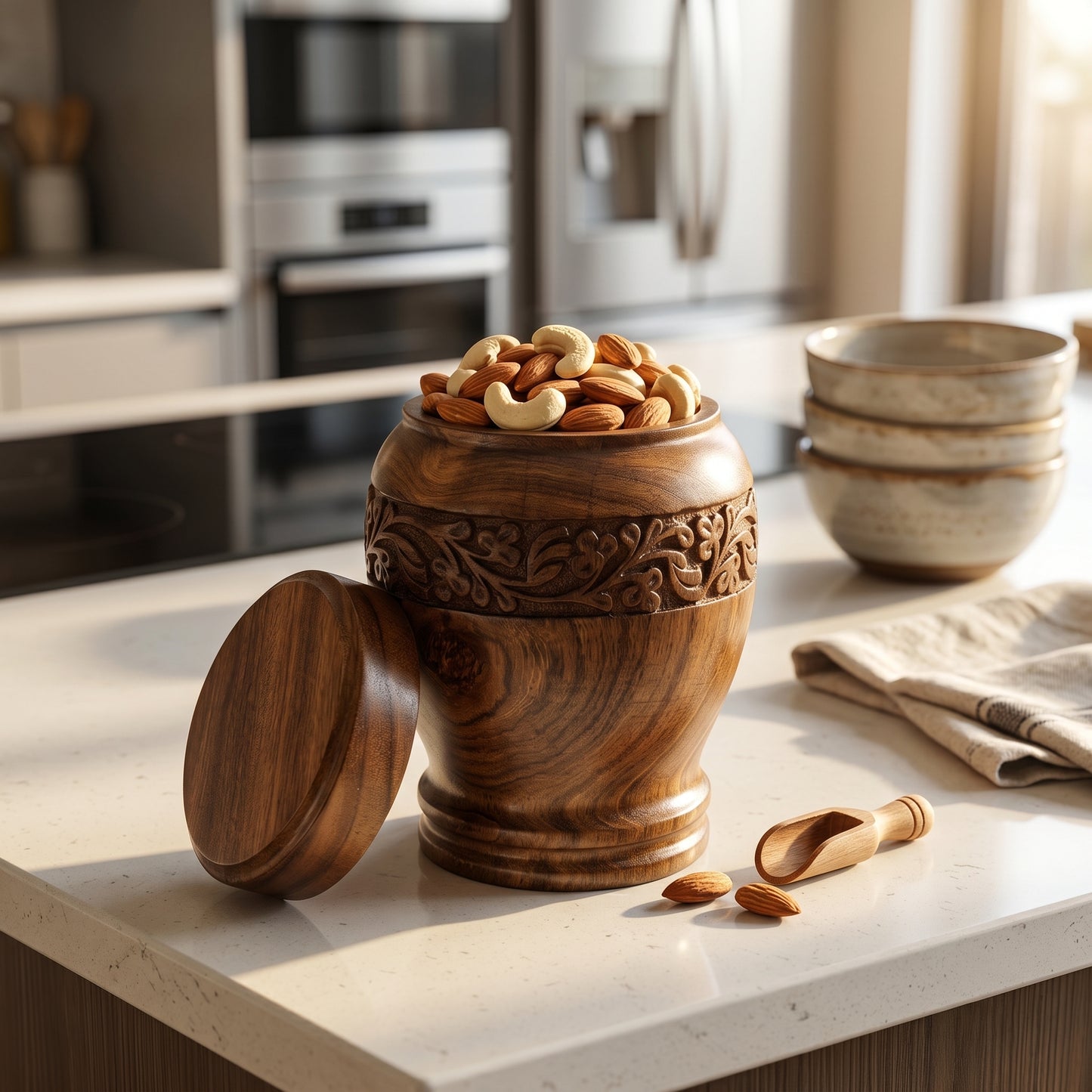 Handcrafted Wooden Multipurpose Storage Jar – Luxury Carved Sheesham Wood Container