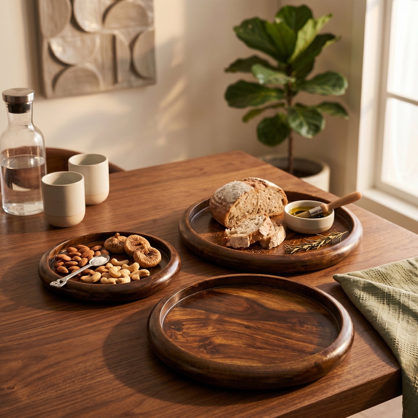Handcrafted Wooden Serving Tray Set – Round Nesting Plates (Set of 3)