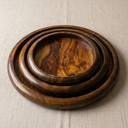 Handcrafted Wooden Serving Tray Set – Round Nesting Plates (Set of 3)