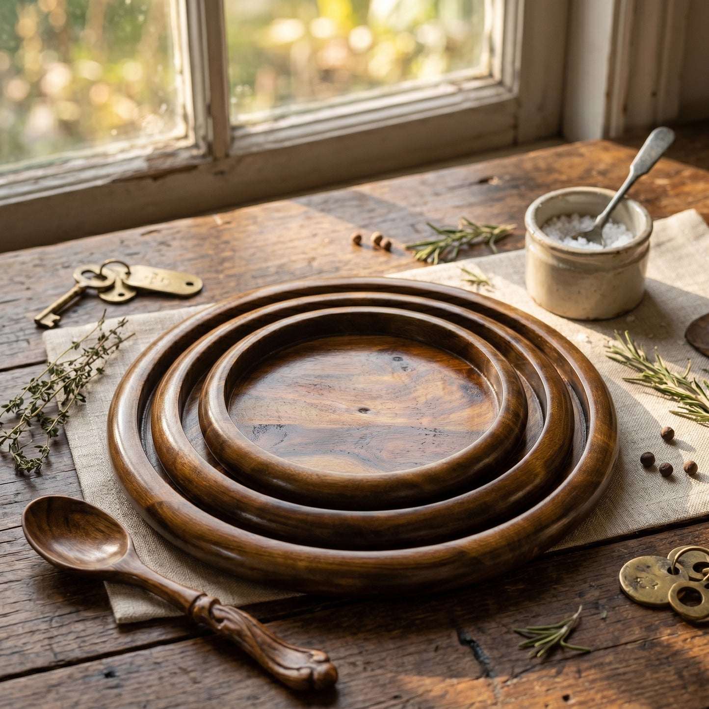 Handcrafted Wooden Serving Tray Set – Round Nesting Plates (Set of 3)