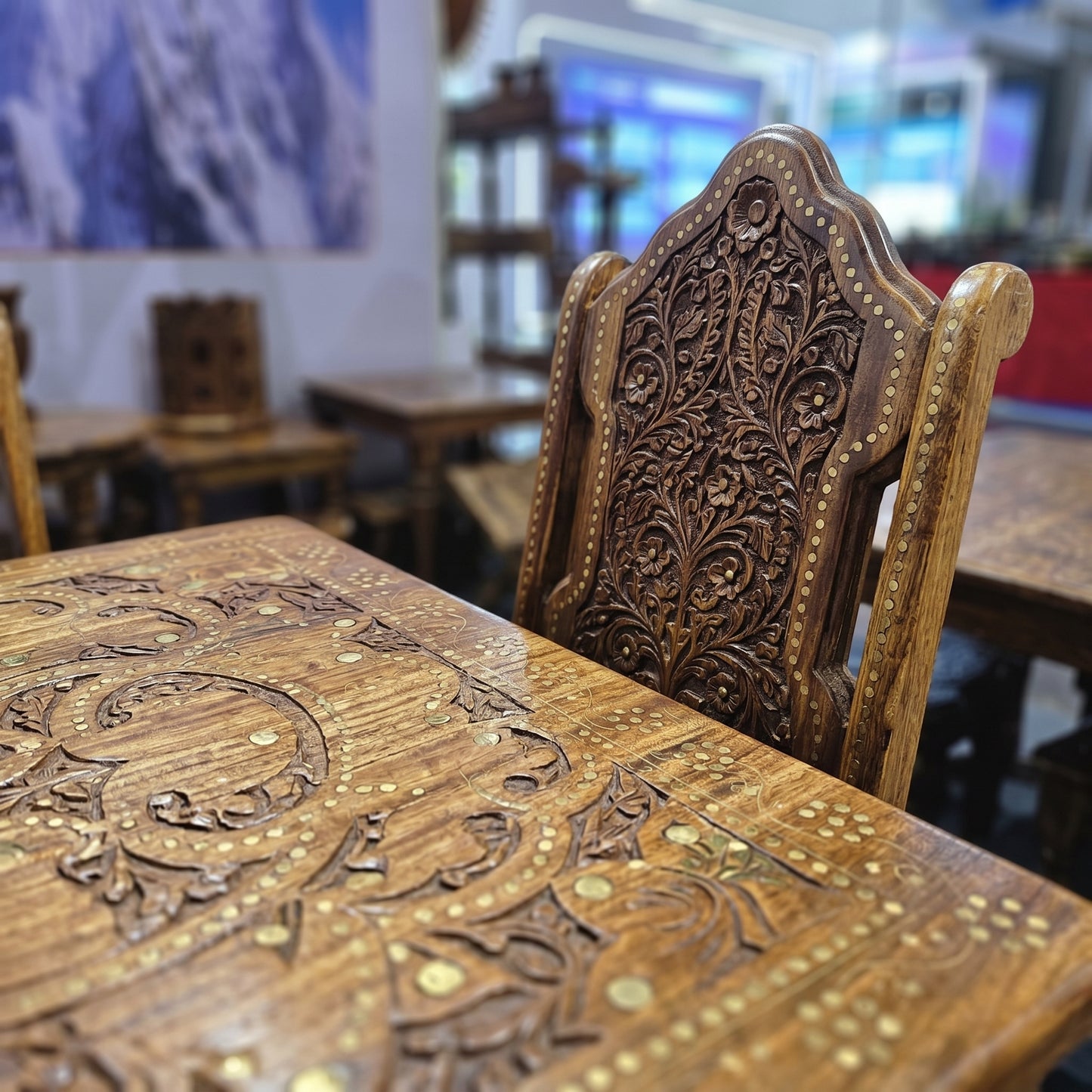 Luxury Hand Carved Wooden Dining Table Set with 6 Chairs – Premium Solid Wood Royal Dining Furniture