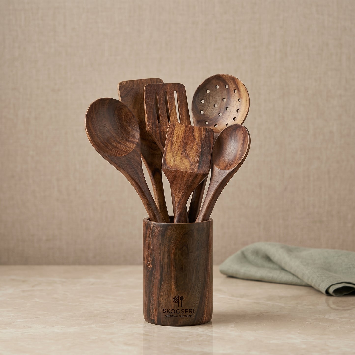 Premium Handcrafted Wooden Spoon Set with Holder – 6 Piece Sheesham Kitchen Utensil Set